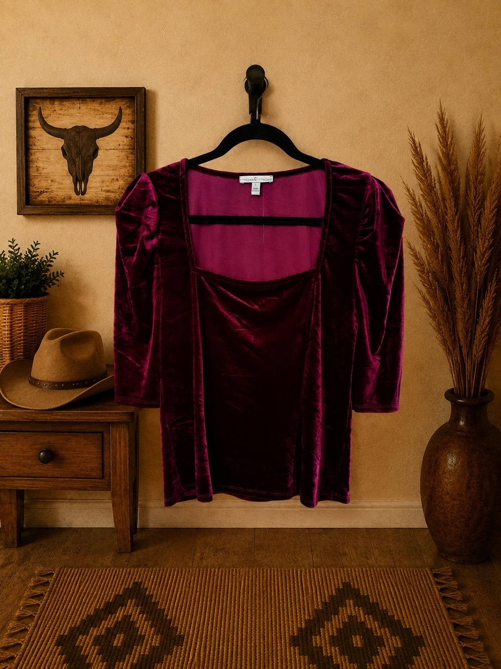 Moa Moa Velvet Tailored Square-Neck Blouse in Plum Stretch Velvet, L